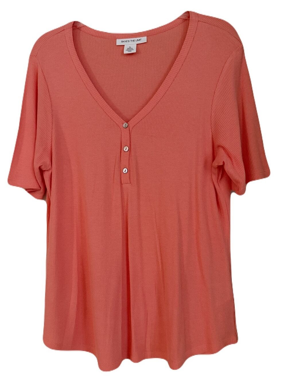 Skye's The Limit Waffle Weave V-Neck Henley Tee - Large, Cantaloupe